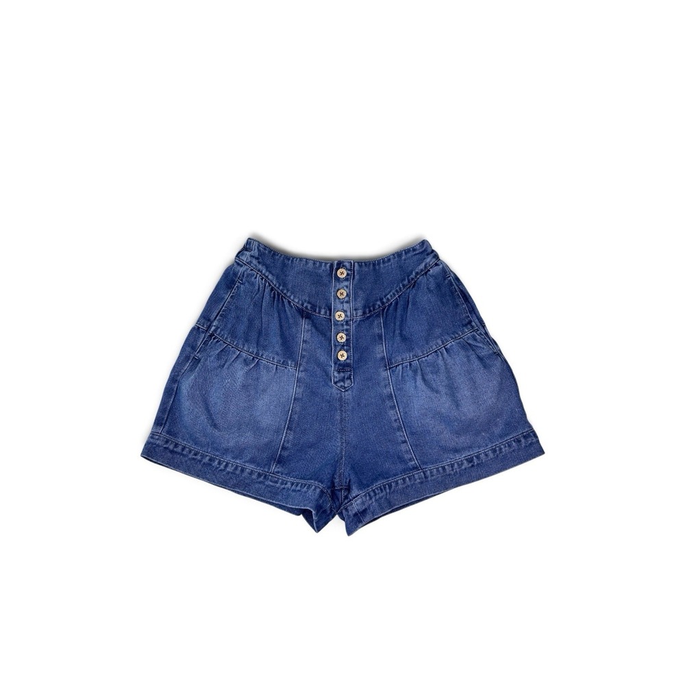 High Waisted Denim Shorts Size S Blue Button Fly Elastic Back Boho Y2K